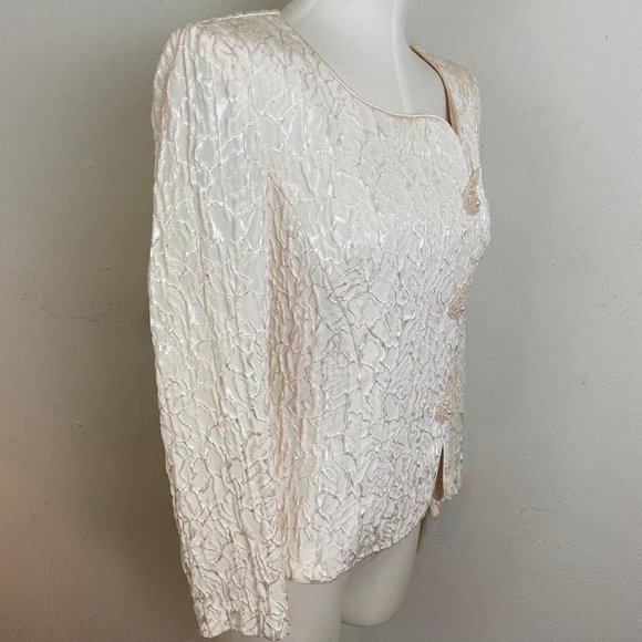 Vintage 80s Damasio Embroidery Beige with Sequence Buttons Cocktail Dress - Picture 3 of 4